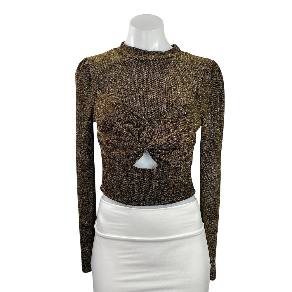 Milk & Honey Brown Metallic Twist Front Cutout Long Sleeve Crop Blouse Top Sz S